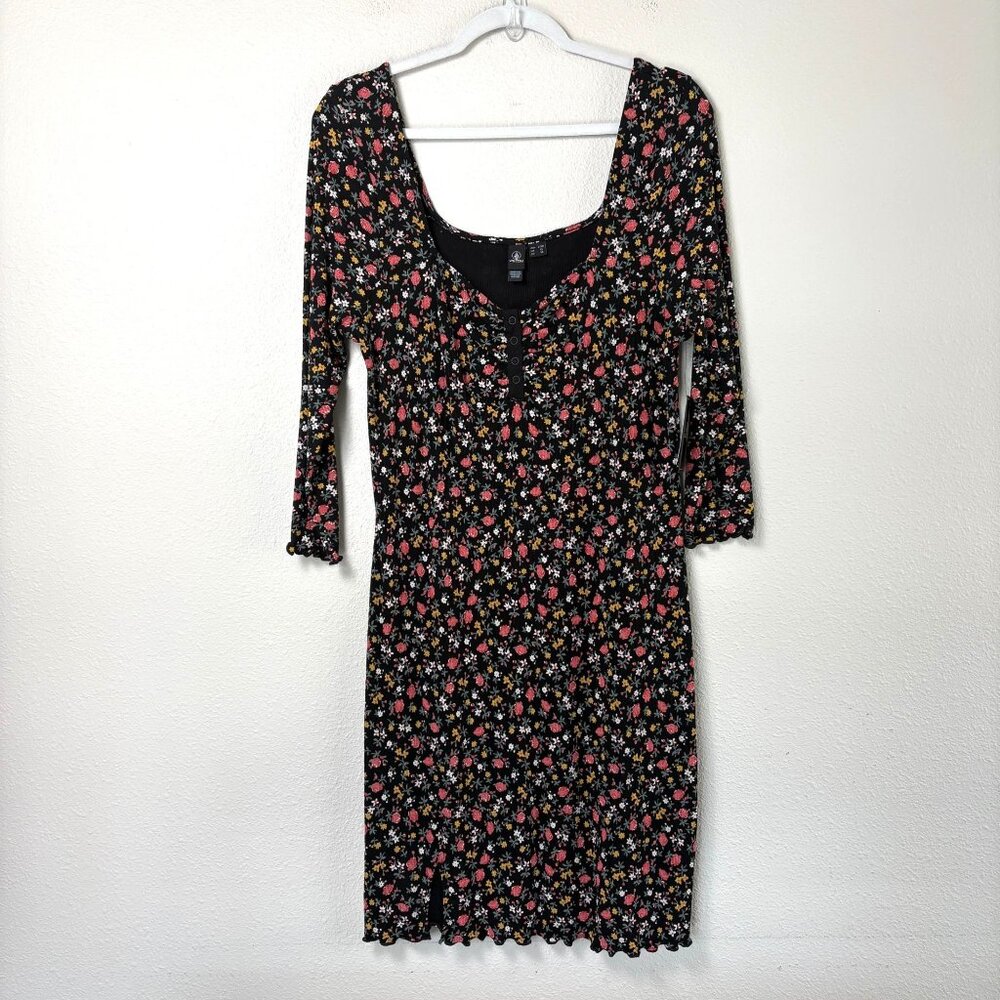 Volcom Stone Steezee Mini Dress Womens L Black Multi Floral Print Stretch NWT